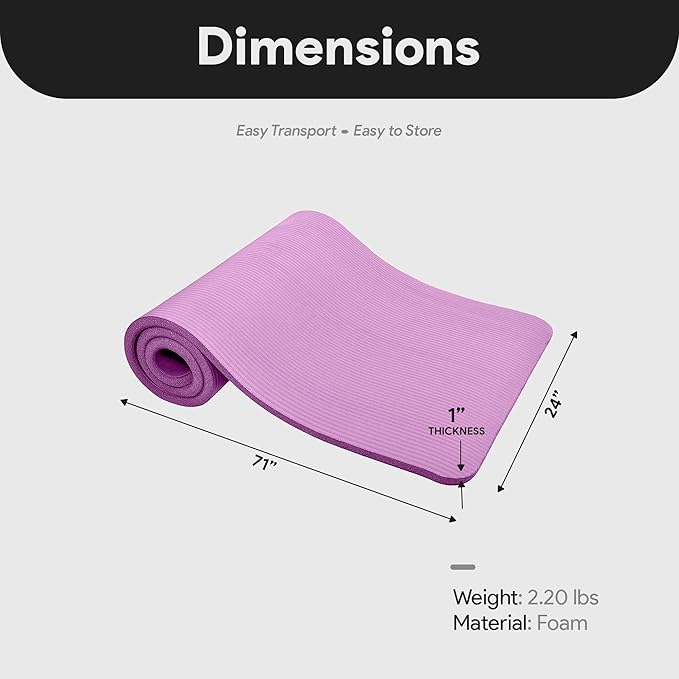 BalanceFrom 71x24 Inches Extra Thick Yoga Mat 1-Inch High-Density Foam – Roll-Up Exercise Pad with Double-Sided Non-Slip Surface and Carrying Strap for Pilates and Home Workouts, Multiple Colors