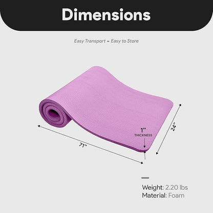 BalanceFrom 71x24 Inches Extra Thick Yoga Mat 1-Inch High-Density Foam – Roll-Up Exercise Pad with Double-Sided Non-Slip Surface and Carrying Strap for Pilates and Home Workouts, Multiple Colors