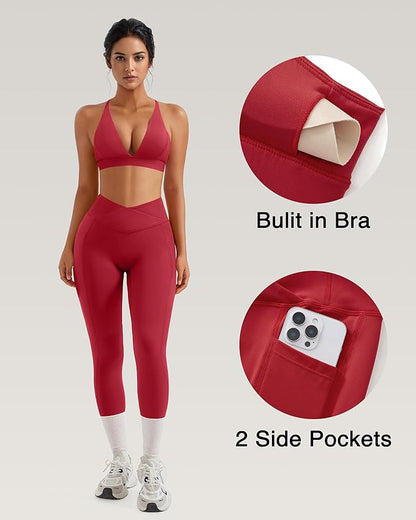 RXRXCOCO 2 Piece Workout Sets for Women Strappy Sports Bra Booty Leggings with Pockets Yoga Gym Outfits