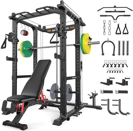 Sportsroyals Squat Rack, LAT Power Cage, Power Rack Multi-Function with Pulley System and Training Attachments for Home Gym