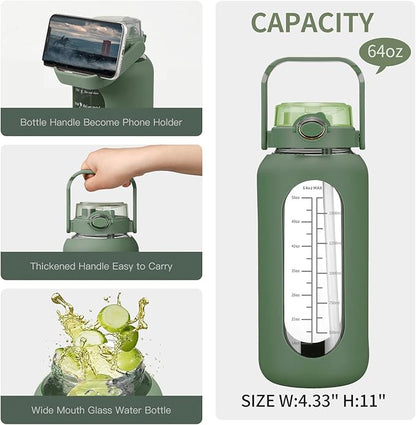 64oz Glass Water Bolttles with Straw Half Gallon Large Motivational Water Bottle with Time Marker Sports Water Bottles with Silicone Sleeve and Handle Lid Water Jug for Gym Workout