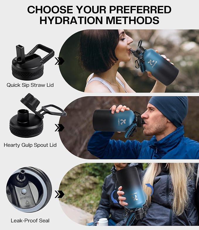 Insulated Water Bottle 64 oz(COLD for 36 Hrs), Non-BPA & Leak Proof, Half Gallon Sports Stainless Steel Water Jug Large with Straw, Indigo Black
