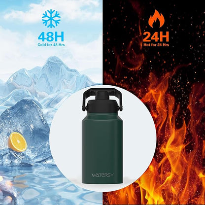WATERSY 2/3 Gallon Water Bottle Insulated(Cold for 48 Hrs),BPA Free&Leak Proof,87oz Stainless Steel Water Jug/Flask,Big thermo,Large Water Bottle with Handle for Gym,Hiking,Camping,Dark Green