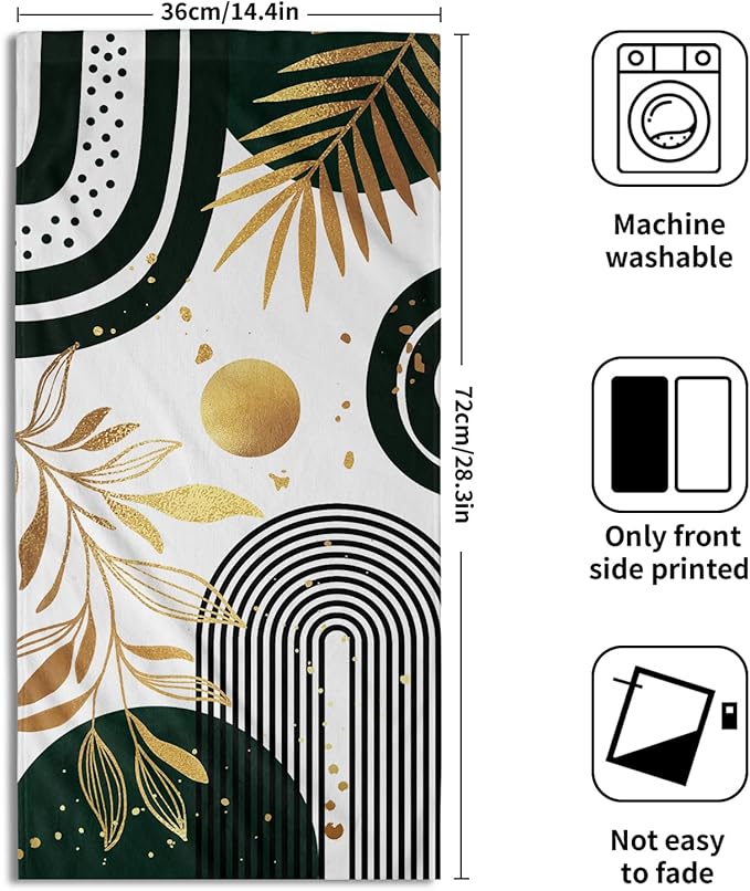 Mid Century Boho Hand Towels Gold Tropical Leaf Art Decorative Absorbent Drying Cloth Tea Towels Set Bohemian Modern Housewarming Gifts for Home Bathroom Spa Gym 2 Pack 14"x28"