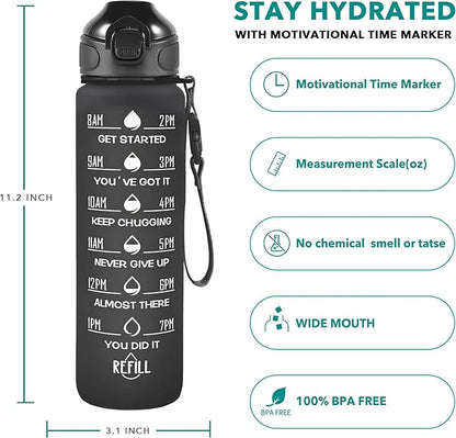 Enerbone 32 oz Drinking Water Bottle with Times to Drink and Straw, Motivational with Carrying Strap, Leakproof BPA & Toxic Free, Ensure You Drink Enough Water for Fitness Gym Outdoor