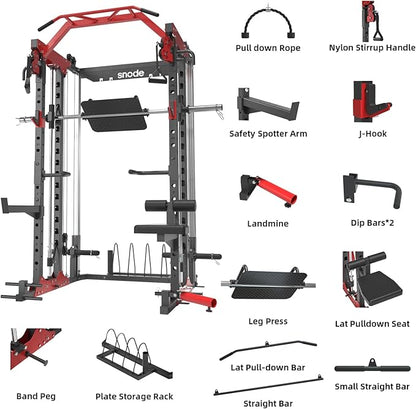 SNODE ALL10 Smith Machine for Home Gym, Power Rack with Cable Crossover, Squat Rack with Leg Press and Advanced LAT Pull-Down Seat, 2000LB Weight Capacity