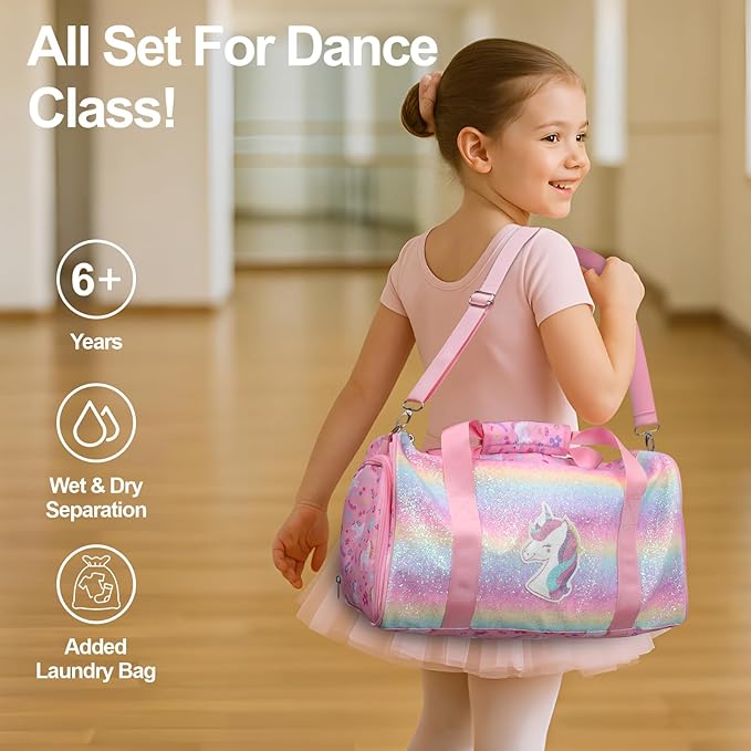 Bagseri Dance Bag for Girls - Kids Duffle with Shoe Compartment, Gymnastics Tote for Sleepover Travel with Water Resistant Wet Pocket（Glitter Unicorn, Pink）