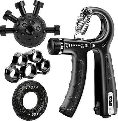 4-Pack Grip Strength Trainer Kit, Adjustable Forearm Strengthener, Black Hand Grip Strengthener Balls, Finger Exerciser & Stretcher for Strength Training, Recovery & Flexibility