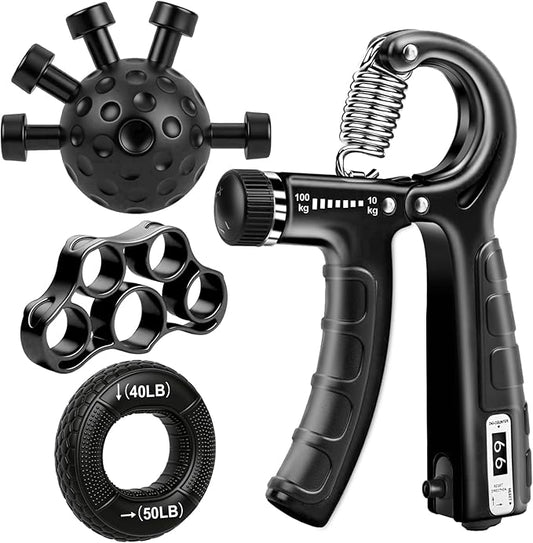 4-Pack Grip Strength Trainer Kit, Adjustable Forearm Strengthener, Black Hand Grip Strengthener Balls, Finger Exerciser & Stretcher for Strength Training, Recovery & Flexibility