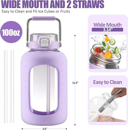 Large Glass Water Bottles with Stainless Steel Handle,100 oz Gallon Drinking Bottle with 2-in-1 Straw Lid,3 Liter Glass Water Jug with Silicone Sleeve,Wide Mouth,Purple