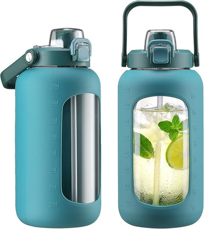 72oz Glass Water Bottle with 2-IN-1 Straw &Chug Lid, Large Motivational Glass Bottle with Capacity Marker and Silicone Sleeve, 2.1Liter Gallon Water Jug for Home, Sports, Gym, BPA Free-Green