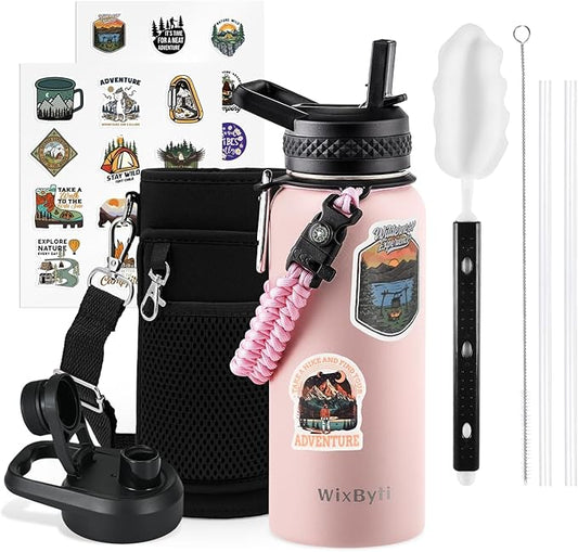 32 oz Insulated Water Bottle with Straw, Stainless Steel Triple Wall Vacuum Sports Water Jug, Leakproof Hydro Cup Flask with Paracord Handle & Straw Spout Lids & DIY Stickers