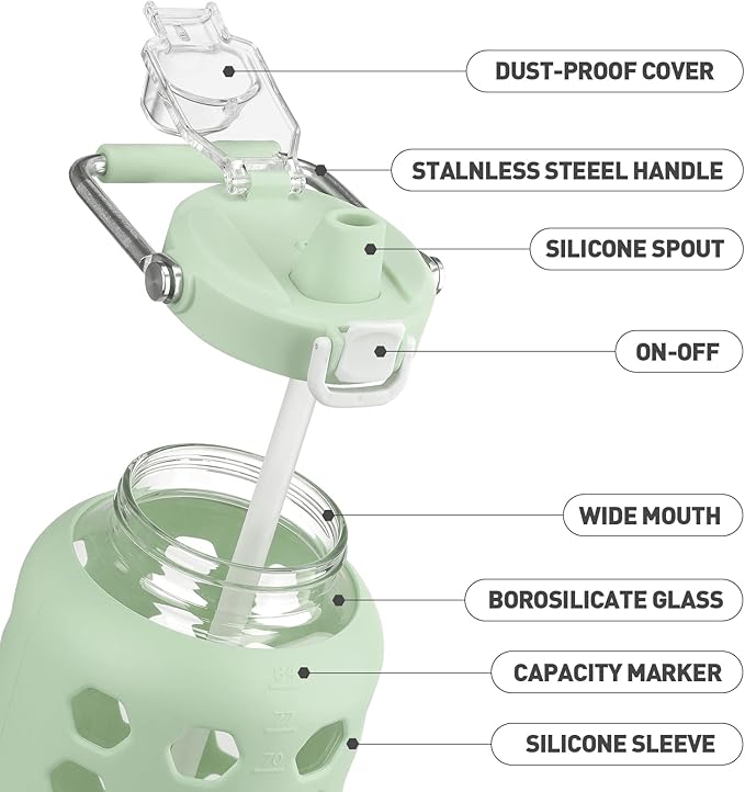 MUKOKO 84 oz Glass Water Bottles,2.5 Liter Gallon Drinking Bottle with Handle,Large Glass Water Jug with Silicone Sleeve for Gym Sports,Time Marker,Wide Mouth,Green