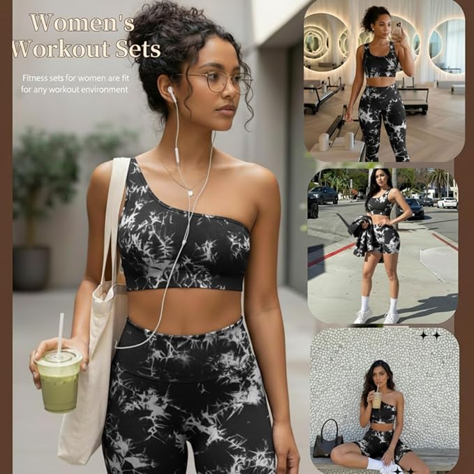 4 Pcs Women's Workout Sets Pilates Exercise Outfit Ribbed Scoop Neck Sports Bra Shorts Leggings Gym Clothes Set