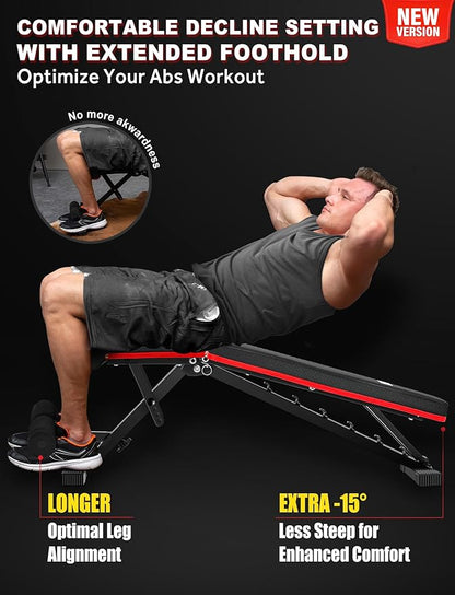 LINODI Adjustable Weight Bench for Home Gym，Foldable Incline Decline Flat Workout Bench for Full Body Strength Training, Dumbbell Press & Ab Exercises