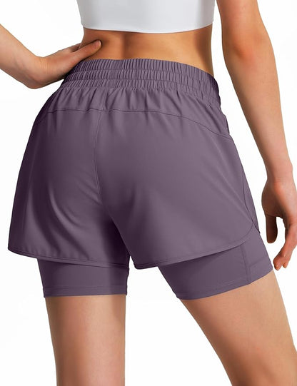 Ksmien Women's 2 in 1 Running Shorts Quick Dry Athletic Gym Workout Shorts with Liner Phone Pockets