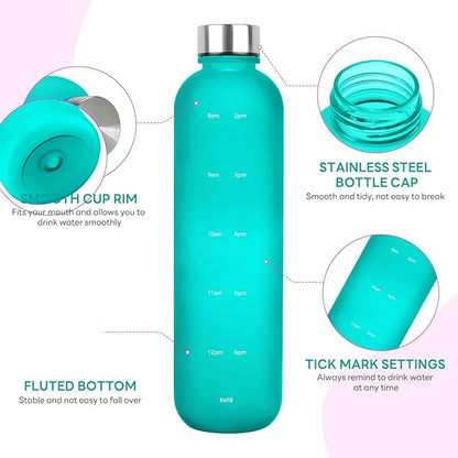 Water Bottle 32 oz, Frosted Style Sports Water Bottles BPA Free Water Bottle With Time Marker,Small mouth Leakproof Water Bottles with Strap for Gym Fitness Hiking Bike Camping (Green)