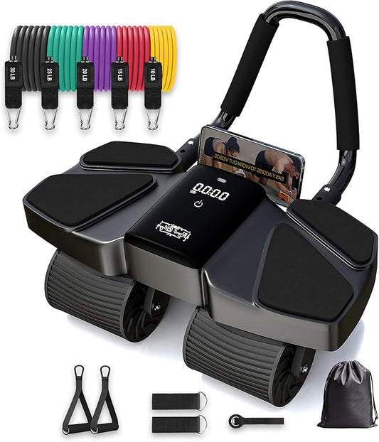 Ab Roller Home Gym Equipment – 4 Wheels Ab Wheel Muscle Roller with LCD Screen, 5Pcs Resistance Bands, Ankle Straps, Door Anchor, Handles, Travel Bag – Comfortable Elbow Support with Non-Slip Handles
