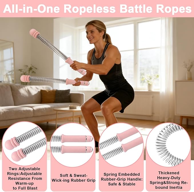 Adjustable Ropeless Battle Ropes, Heavy Duty Cordless Battle Rope, Non-Slip Spiral Handles, Variable Resistance Exercise Ropes, Low Impact Strength HIIT Cardio Fitness Equipment for Home Gym Men Women