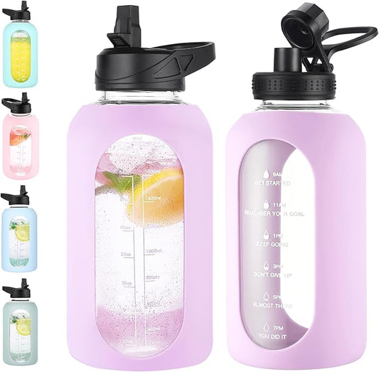 64 oz Glass Water Bottle With Straw and Handle, Half Gallon Sports Motivational Water Jug Flask with Silicone Sleeve, Large Water Cup with Time Marker for Travel, Gym, Purple