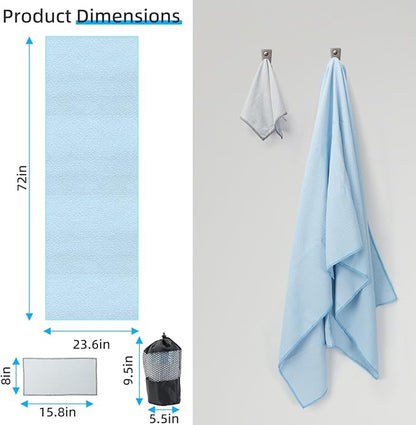 YESLIFE Non-Slip Extra Thick Hot Yoga Towel with One Sweat Towel, Microfiber Sweat Absorbent Yoga Mat Towel with Grip Dot, Pilates Mat, 72" x 24", Light Blue