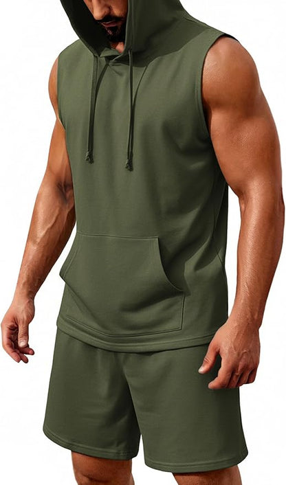 COOFANDY Mens Sleeveless Workout Hoodie Shorts Set 2 Piece Outfits Hooded Tank Tops Gym Tracksuit Sweatsuits