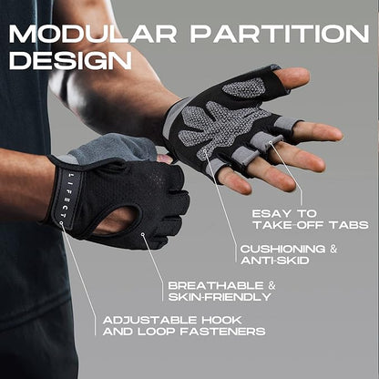 LIFECT Essential Breathable Workout Gloves, Weight Lifting Fingerless Gym Exercise Gloves with Curved Open Back, for Powerlifting, Women and Men