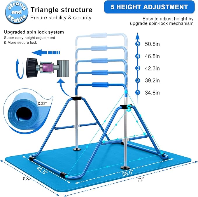 Tepemccu Expandable Gymnastics Bars, Adjustable Height Gymnastic Horizontal Bars, Children Folding Training Bar for Kids