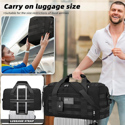 ZOMFELT Tactical Gym Bags for Men, Travel Duffle Bag with Removable Dividers & Innovative Shoe Compartment, 3-in-1 Waterproof MOLLE Gym Duffel Backpack, Airplane Carry-On Approved, Black