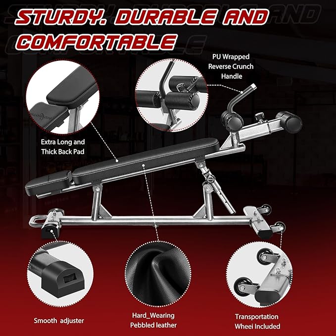 BODY RHYTHM Professional Sit-Up Bench with 4 Adjustable Heights and Reverse Crunch Handle, Adjustable Weight Bench and Flat, Incline & Decline Bench Press, Great Strength Training Slant Bench and Ab &
