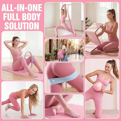 Pilates Kit with Foldable Yoga Mat, Portable Home Workout Pilates Equipment, Lightweight Pilates Set for Travel & Small Spaces,14.5" Pilates Ring and Ball, Resistance Bands & Core Sliders, Pink