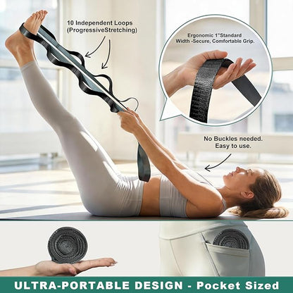 Stretching Strap with 10 Loops – Non-Elastic Yoga Strap for Physical Therapy, Knee Replacement Recovery & Plantar Fasciitis – Leg Stretcher Band for Flexibility & Hamstring Rehab
