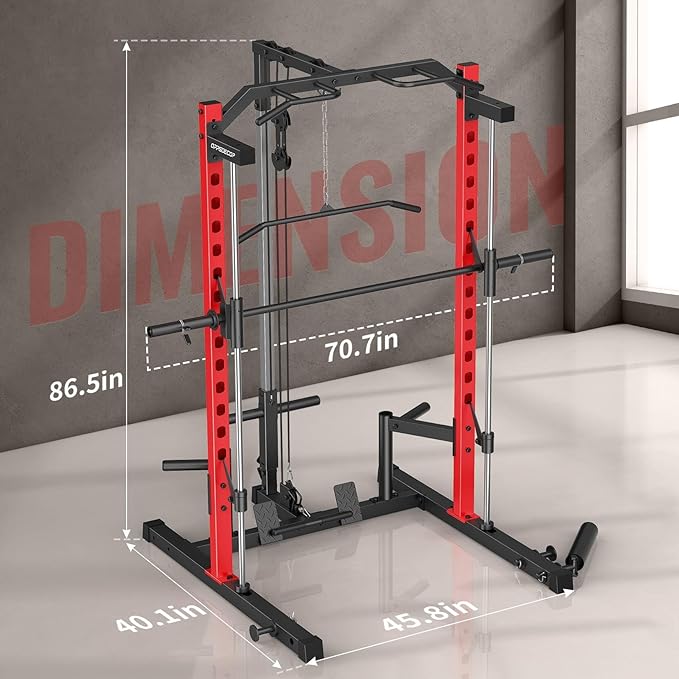 OPPSDECOR Smith Machine Power Rack for Home Gym - All-in-One Power Cage Squat Rack with LAT Pulldown, Cable Machine & Barbell Bar - Multi-Functional Strength Training Equipment