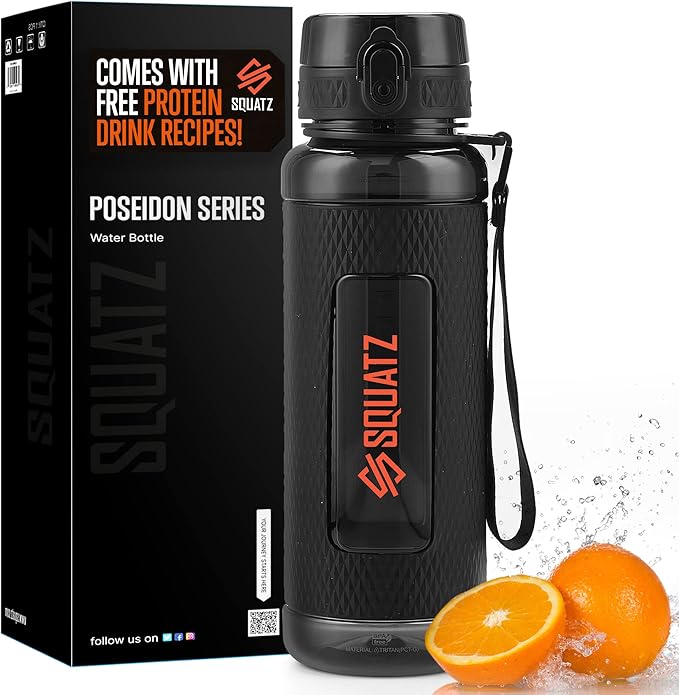SQUATZ 24 Oz Poseidon Series Water Bottle for Protein and Fruit Shakes - Premium Quality Wide Mouth Gym Flask Fruit Infuser Strainer, Carrying Strap, Leak Resistance, No Condensation Sleeve,Black