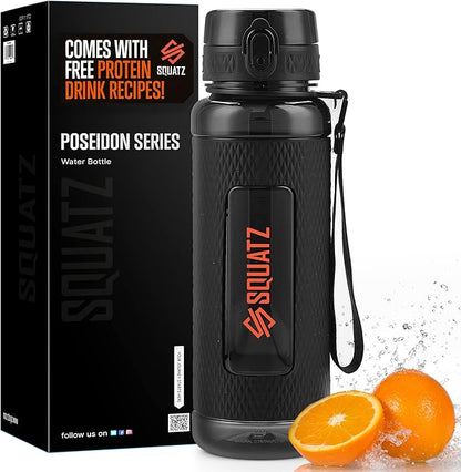 SQUATZ 24 Oz Poseidon Series Water Bottle for Protein and Fruit Shakes - Premium Quality Wide Mouth Gym Flask Fruit Infuser Strainer, Carrying Strap, Leak Resistance, No Condensation Sleeve,Black