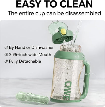 QWE Gym Plastic PPSU Water Bottles for men with Straw and Handle,Lightweight,54oz Large High-capacity for Hiking&Camping,Heat-resisting,Reusable, BPA Free,Double Drinking,leak proof(Green)