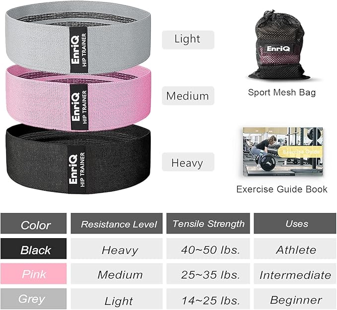 EnriQ Booty Bands Fabric Resistance Bands for Legs and Butt - Non Slip Cloth Hip Bands Elastic Workout Bands - Activate Glutes and Thighs - Made of Premium Elastic Fabric