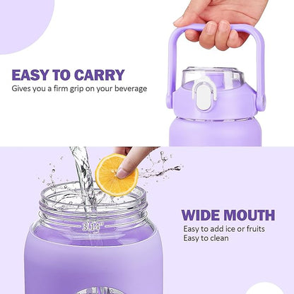 kytffu 64oz Glass Water Bottles with Straw, Half Gallon Motivational Glass Bottle with Silicone Sleeve and Time Marker, 2L Leakproof Large Glass Water Jug for Gym Home Office, Purple
