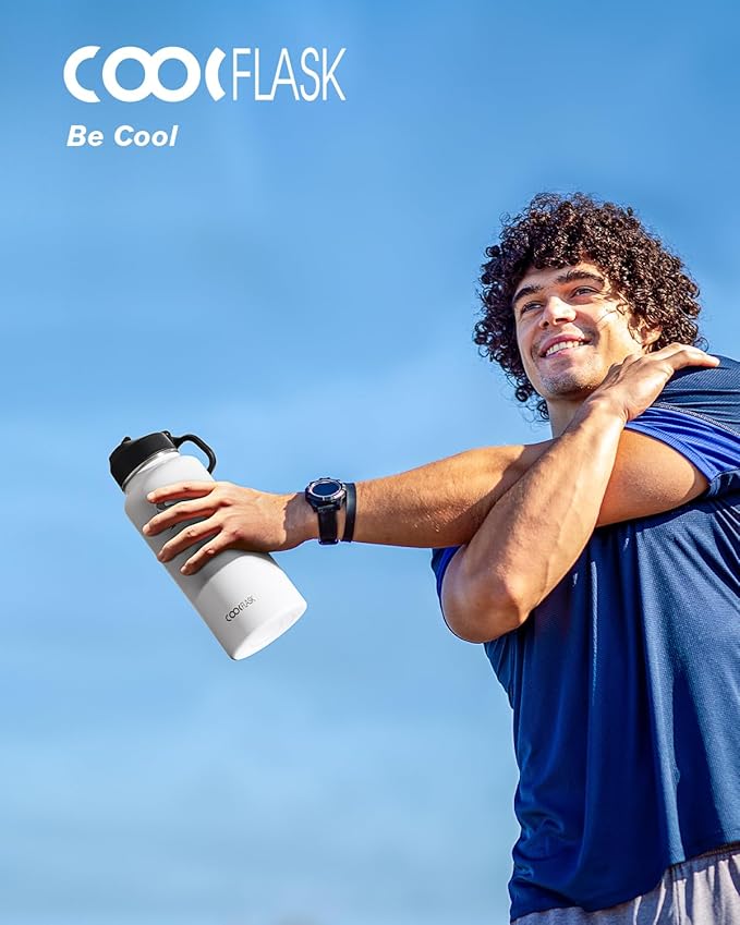Coolflask Water Bottle 32 oz Insulated with Straw, Stainless Steel Metal 3 Lids Water Flask Wide Mouth for Sports or Office, Non-BPA Keep Cold Up to 48 Hrs or Hot Up to 24 Hrs, White