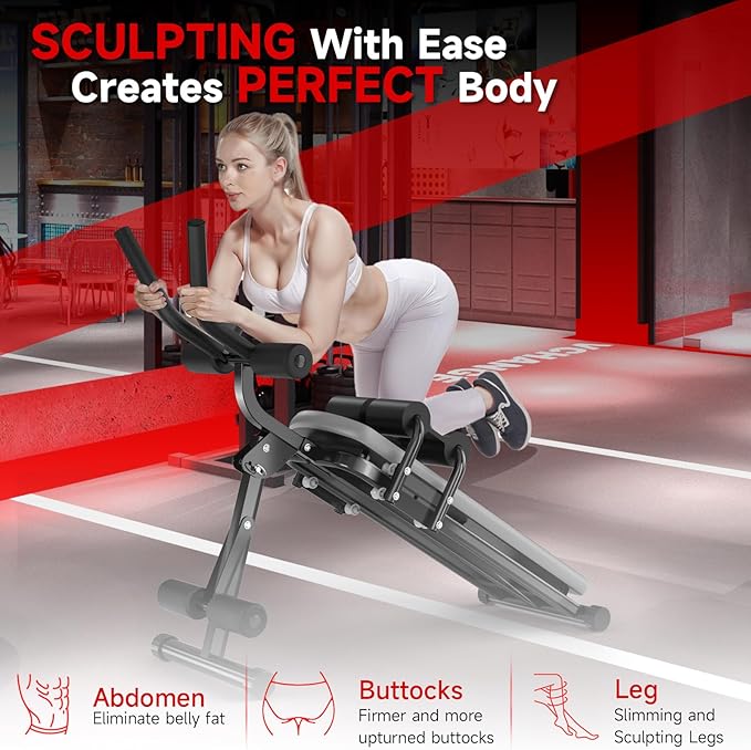 Bigzzia Ab Machine, 5-in-1 Adjustable Ab Workout Bench Core Abdomen Trainer for Stomach Workout, Crunch Machine Exercise Equipment for Home Gym - Sit UP, Push UP, Leg Press, Glider, Roman Chair, 330lbs Capacity