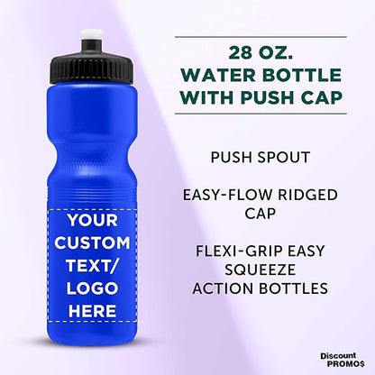 DISCOUNT PROMOS 28 oz. Custom Push Cap Plastic Water Bottles Set of 10/50/100, Personalized Bulk Pack - Perfect for Gym, Hiking, Camping, Outdoor Sports - Reflex Blue