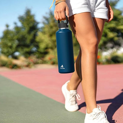 POWCAN 32oz Stainless Steel Slim Water Bottle: Sweatproof, Flex Cap, Lightweight, Standard Mouth, Top Handle, Vacuum Insulated Flask with straw for Office, Home, Commute, Workouts (Midnight Black)