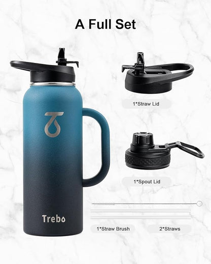 Trebo 40oz Water Bottle Insulated with Handle, Stainless Steel Metal Large Jug,Travel Flask with Straw Spout Lid,Mug Tumbler Cup,Keep Cold Hot, Indigo Black