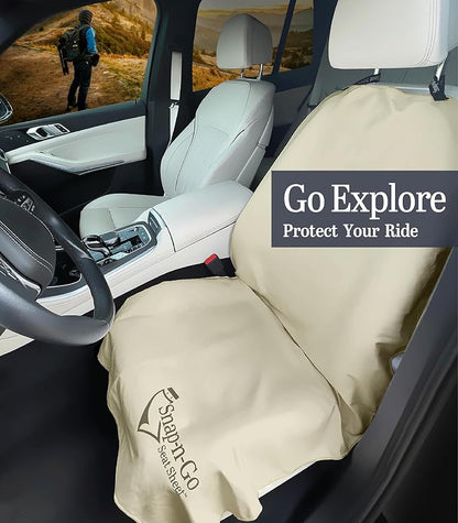 Car Seat Towel Cover After Gym Workout Yoga Pets | Snap-n-Go Seat Sheet™ Universal Fit with Headrest Post Straps, Quick-Dry Washable Sweat Protector for Cars, Trucks, SUVs Interior Protection (Beige)