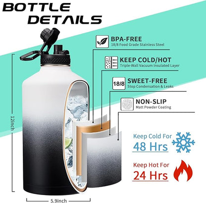 Insulated Water-Jug Gallon Water Bottles - with Straw & Spout Lids, Paracord Handle & Bottle Carrier, 128OZ Metal Gallon Water Bottle Large, Vacuum Thermo Jug Stainless Steel Water Flask Jug