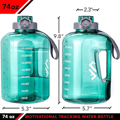 JFIT BPA Free Reusable Sports Water Bottle w/Time Markers, Leakproof Flip-Top Lid & Carry Strap – Durable PETG, 2.28" Wide-Mouth for Ice – Eco-Friendly, Odor-Free & Easy to Clean
