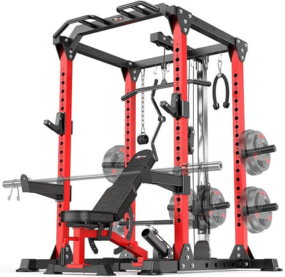 Power Rack Power Cage Multi-Function Squat Rack with Cable Crossover System Selectable More Training Attachment Power Rack for Garage & Home Gym