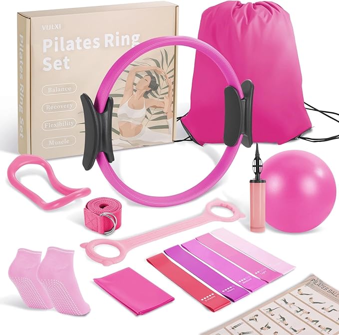 Pilates Essentials Kit-Home Pilates kit for Women with Pilates Ring and Ball,5 Resistance Bands for Beginners-Train Muscles, Flexibility & Core Strength