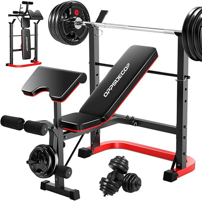 OPPSDECOR 6 in 1 Weight Bench Set with Leg Extension and Leg Curl, 660 LBS Adjustable Bench Press Set with Preacher Curl Pad, Foldable Workout Bench for Home Gym, Strength Training for Teens/Adults