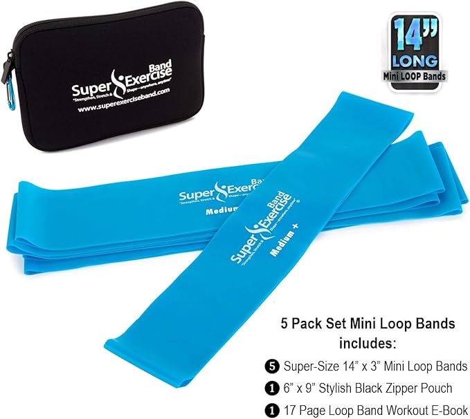 USA 14" x 3" Extra Long Latex Free Mini Loop Bands in 3, 5, 10 Pack Sets. 10 Strengths for Resistance Training, Stretching, Yoga, Toning. Plus an Exclusive iPhone App and E-Book.